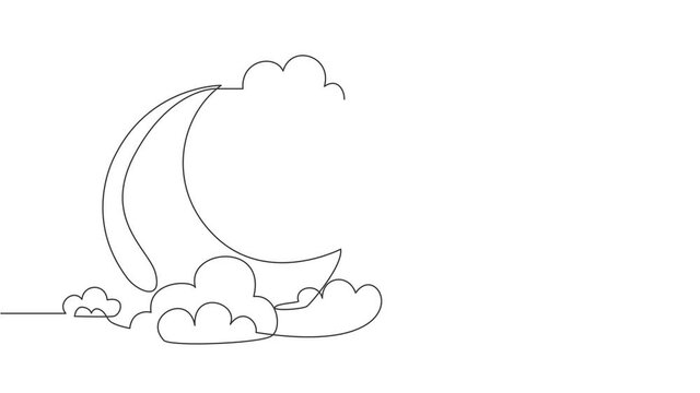 Animation of one line drawing of islamic ornament with moon, cloudy on white background. Ramadan Kareem greeting card, banner, poster concept. Continuous line self draw animated. Full length motion.