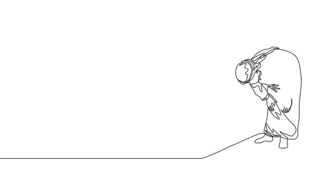 Self drawing animation of single line draw muslim person pray salat on sajadah in shmag traditional Arab cloth. Ramadan Kareem and Eid Mubarak pray concept continuous line draw. Full length animated.
