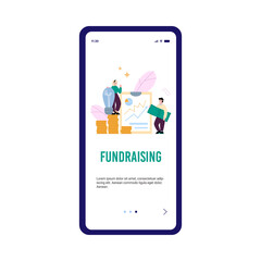 Fundraising and support of startup mobile screen, flat vector illustration.