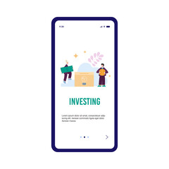 Investing and financial shares onboarding screen, flat vector illustration.