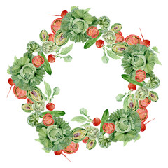Watercolor vegetables wreath border cabbage, radish, tomato, cucumber. Hand painted vegetarian banner for eco food menu, greeting cards, recipe. Farmers market. Veggie design.