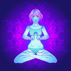Beautiful Girl sitting in lotus position over ornate colorful neon background. Vector illustration. Psychedelic composition. Buddhism esoteric motifs. Tattoo, spiritual yoga.