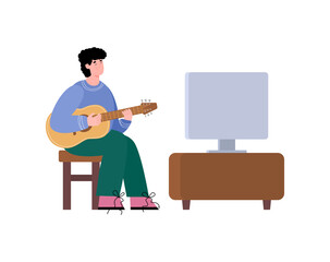 Man plays guitar and watches online music lesson, vector illustration isolated.