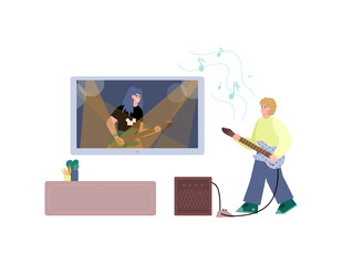 Online rock acoustic guitar learning, flat vector illustration isolated.