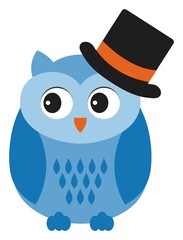 Cute Little Blue Owl Wearing Gentleman's Hat . Vector Cute Owl in Love