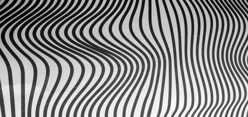 Black and white striped pattern. Deformed surface. Abstract squiggly lines. Monochrome background. Optical illusion - obrazy, fototapety, plakaty