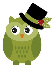Isolated Cute Christmas Green Owl Wearing Hat with Holly. Vector Xmas Owl 