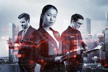 Group of business colleagues working on new venture capital and hi-tech start up and try to...