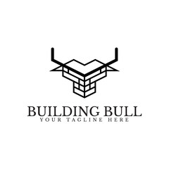 Bull head building logo vector. Minimal, simple and modern. Suitable for use in the construction, Real Estate and Mortgage industries.