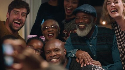 african american family posing for photo with friends at christmas dinner using smartphone photographing festive reunion gathering celebrating holiday season at home 4k