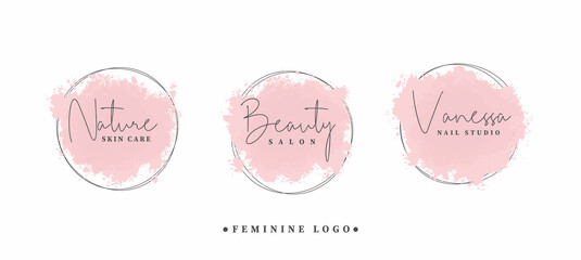 Feminine logos collection, hand drawn modern minimalistic and watercolor badge templates for branding, identity, boutique, salon.