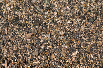 Pebble sea beach, brown wet pebbles covered by a wave