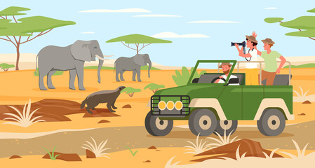 Safari travel adventure, tour in Africa savanna wildlife landscape vector illustration. Cartoon man woman characters traveling on jeep, travelers taking photos of African wild animals background © Natalia