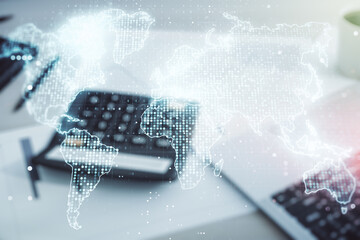 Multi exposure of abstract graphic world map on blurry calculator and computer background, big data and networking concept