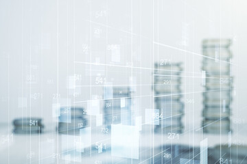 Double exposure of abstract virtual statistics data hologram on growing stacks of coins background, statistics and analytics concept