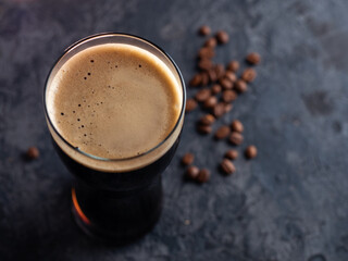Craft beer with coffee flavor, dark beer close-up