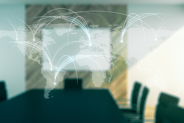 Double exposure of abstract digital world map hologram with connections on a modern meeting room background, research and strategy concept