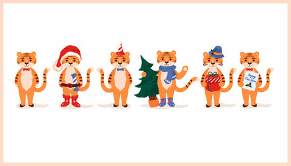 Tiger cartoon set collection. Year of a tiger in Chinese calendar