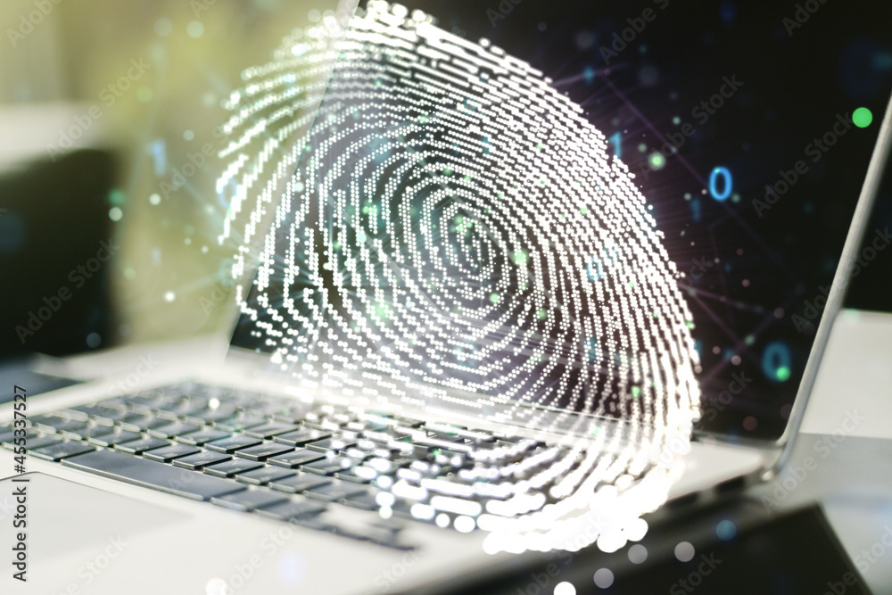 Poster Multi exposure of abstract graphic fingerprint sketch on modern computer background, fingerprint scan data concept