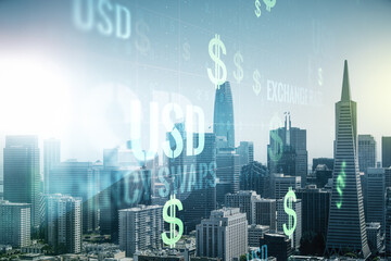 Double exposure of virtual USD symbols hologram on San Francisco city skyscrapers background....