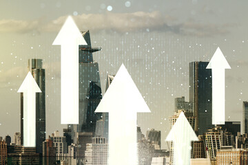 Virtual upward arrows hologram on New York cityscape background, leadership and motivation concept....