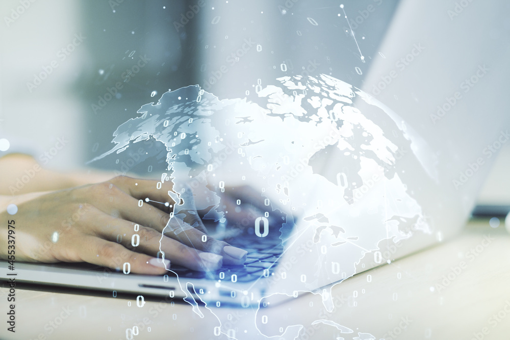 Poster double exposure of abstract creative programming illustration with world map and hand typing on lapt