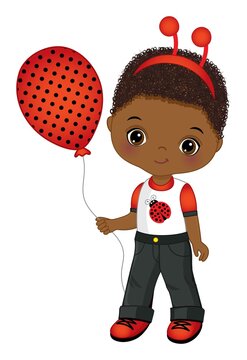 Cute Black Boy Wearing Ladybug Antenna and Holding Polka Dot Air Balloon. Vector Little Black Boy