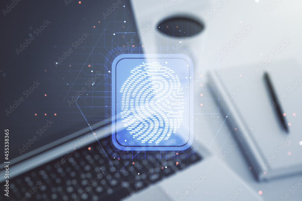 Poster multi exposure of abstract graphic fingerprint sketch on modern computer background, fingerprint sca