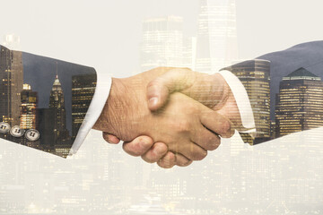 Multi exposure of handshake two businessmen on cityscape background, deal and partnership concept