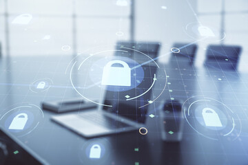 Creative idea concept with lock symbol and microcircuit illustration on modern laptop background. Protection and firewall concept. Multiexposure