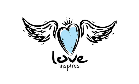 Drawn vector illustration of a heart and wings on a white background