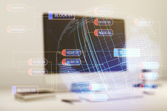 Double exposure of abstract creative programming illustration with world map on computer background, big data and blockchain concept