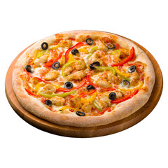 pizza with chicken and vegetables isolated on white background side view