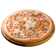 pizza with mushrooms and ham isolated on white background side view