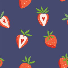 Seamless vector strawberry pattern.  Modern floral background with fruits, leaves. Modern template for social media, print, product, greeting cards.
