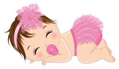 Cute Baby Girl Wearing Pink Ruffled Diaper Sleeping. Vector Baby Girl with Pacifier 