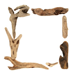 Natural driftwood abstract square background border on white background. Minimal rustic zen nature concept, copy space.