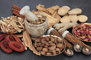 Chinese plant based herbal medicine with a collection of herbs and spice on slate background used in traditional natural healing remedies.