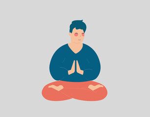 Young man in cross legged position. Trainer doing concentration and practicing yoga in the morning. Male relaxing and breathing at home. Inner peace, fitness exercises, positive vibe concept. Vector.