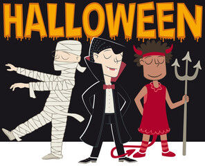 Banner with children in halloween costumes. Retro style banner of three children dressed up for a Halloween party.