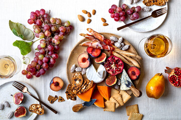 Appetizers table with italian antipasti snacks or authentic traditional spanish tapas set. Fall...