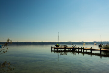 Fototapeta na wymiar Starnbergersee in Bavaria, marina and blue sky