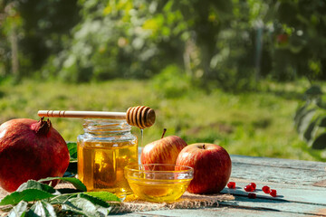 Apple and honey and pomegranate, traditional food of jewish New Year - Rosh Hashana.