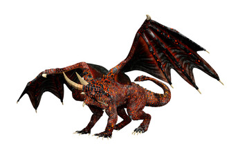 3D rendering of a fantasy Hellborn dragon with glowing red skin walking and looking to the side isolated on a white background.