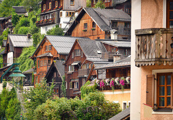 Fototapeta na wymiar Old wooden houses in Hallstatt village Austria