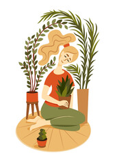 Ð¡ute girl sits on a rug surrounded by house plants and hugs a pot with a indoor flower.