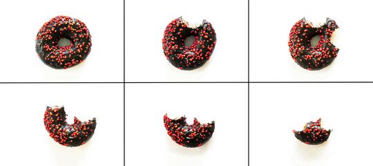 Collage from photo of biting eating delicious sweet sugar black doughnut donut with red glaze on white background. Top view flat lay unhealthy dessert Food concept