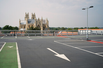 Roof top view of ancient minster against bright summer sky. Beverley, UK.