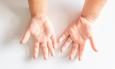 The palm of the children hand are open on a blank white background