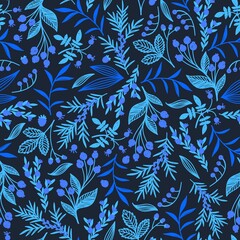 Blue seamless vector background with blue berries